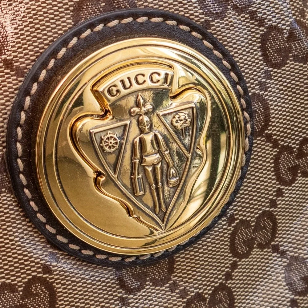 Authentic Gucci Monogram Crystal Canvas Hysteria Hobo Shoulder Bag Brown